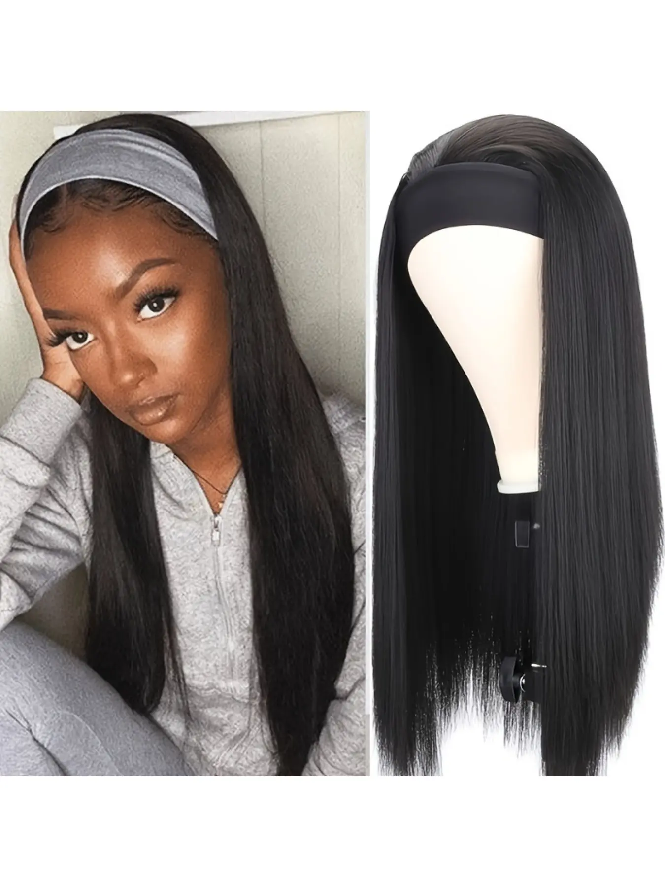Euro-American/Afro-Style Ice Silk Fiber Headband Wig • Women's Headscarf-Style Headband Wig • Black Long Straight Hair Wig, Headband Wig Synthetic Fiber Wigs
