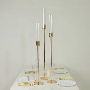 Gold Metal Taper Candle Holders with Hurricane Glass Shades, Set of 3 – Modern Minimalist Candlestick Stands – 28", 32", 36"