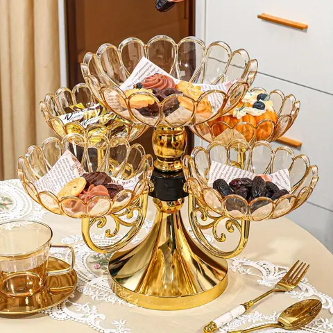 Golden Multi-layer Rotating Fruit Plate, Cake Rotating Turntable, Cake Display Holder, Multi-functional Cake Dessert Nuts Candy Display Stand, Cake Stands for Party, Plastic Cake Stand for Home Kitchen Party Picnic Office Decoration