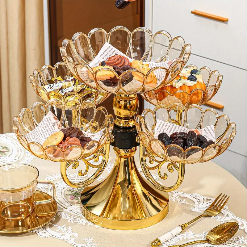 Golden Multi-layer Rotating Fruit Plate, Cake Rotating Turntable, Cake Display Holder, Multi-functional Cake Dessert Nuts Candy Display Stand, Cake Stands for Party, Plastic Cake Stand for Home Kitchen Party Picnic Office Decoration
