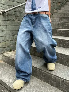 Y2K Vintage Simple Washed Loose Straight Jeans, Casual Daily Wear, Slimming Effect, All Seasons, Plain Pattern, Comfortable Fit