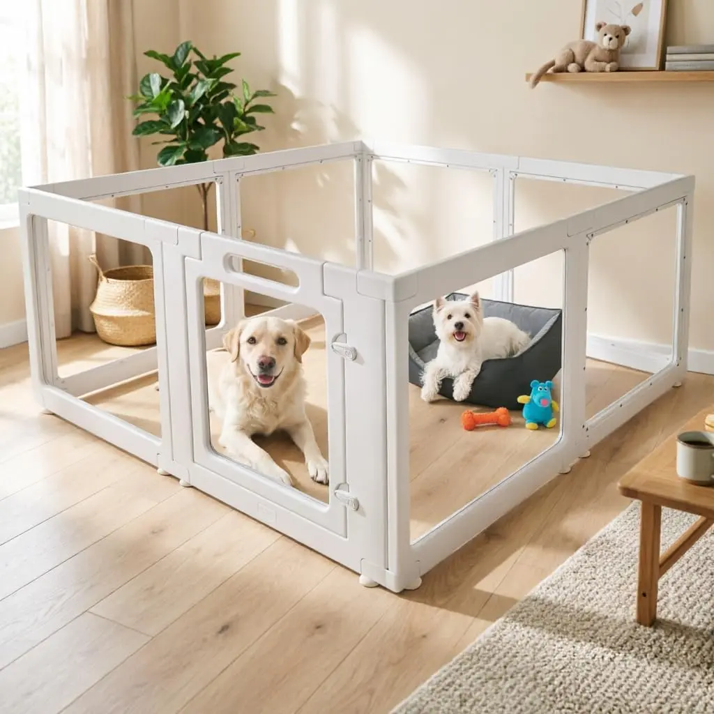 Clear Acrylic Indoor Dog Playpen, 24" H, 8/10/12 Panels, White | Open View, Modern Home Fit, No Climbing Bars, Tool-Free Setup, For Puppies & Small Dogs