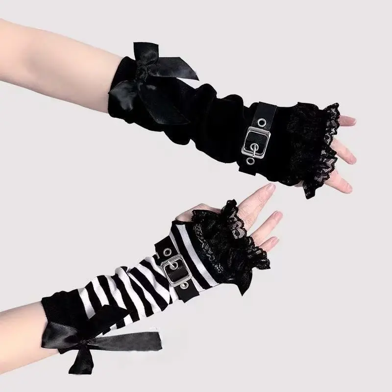 Women's Y2K Alt Girl Fingerless Arm Warmers - Black White Stripe & Solid Black Cotton Cuffs with Lace Ruffle, Leather Buckle, Big Bow - Punk Gothic JK Sun Protection Wrist Sleeves