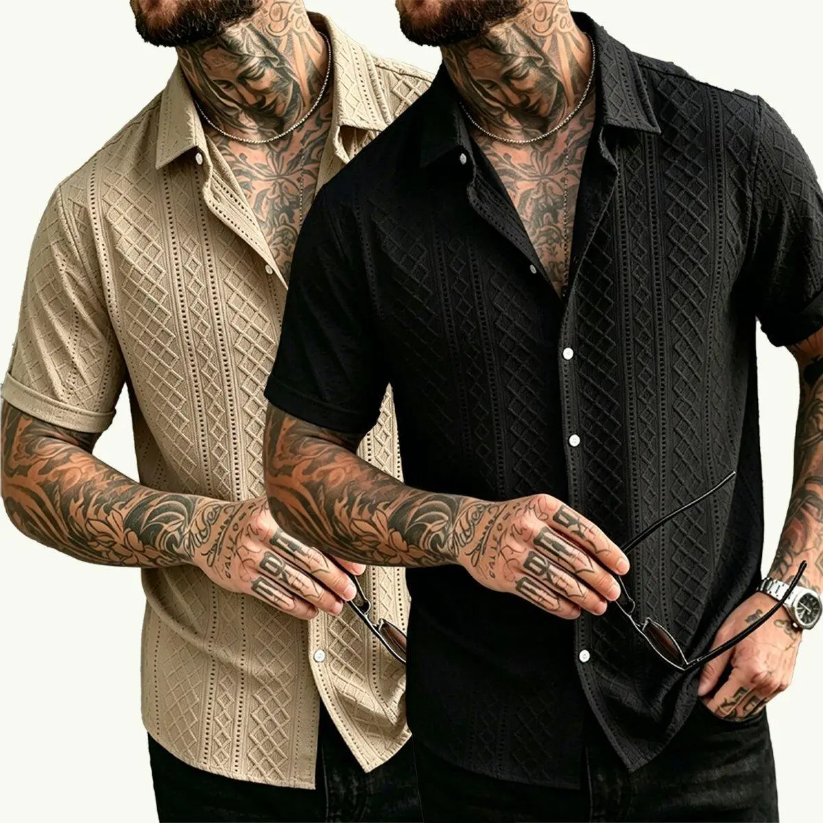 Men’s diamond-texture collared short-sleeve cardigan shirt made from breathable openwork knit fabric; suitable for vacations, everyday wear, casual looks, and summer streetwear.