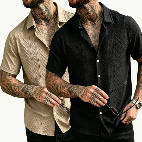 Men’s diamond-texture collared short-sleeve cardigan shirt made from breathable openwork knit fabric; suitable for vacations, everyday wear, casual looks, and summer streetwear.