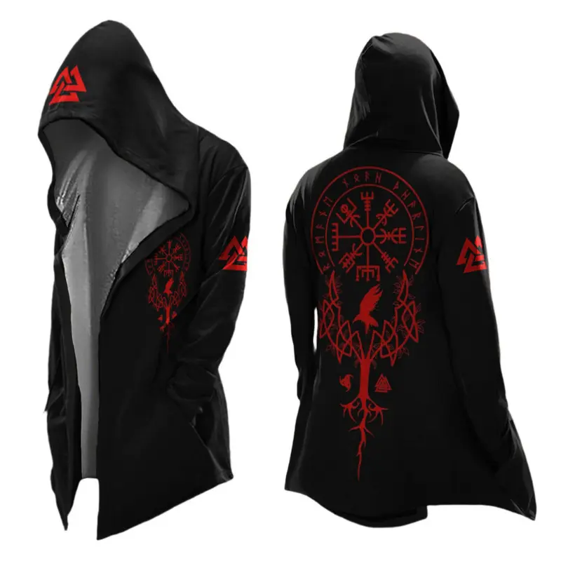 Viking Norse Mythology Hooded Cardigan | Open Front Printed Hoodie Coat, Medieval Celtic Wolf Raven Tree of Life Long Cloak for Men  The Norse print is only on the outside. The inside lining is solid plain white, no patterns on the interior.