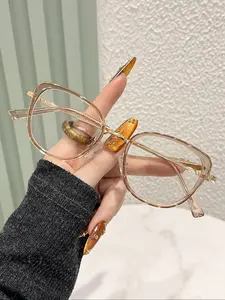 Fashion Cat Eye Glasses Frame, Tr Circle Metal Mix, Trend, Street Style, Anti-Blue Light, Flat Lens, Unisex Eyewear, Trendy Frames
