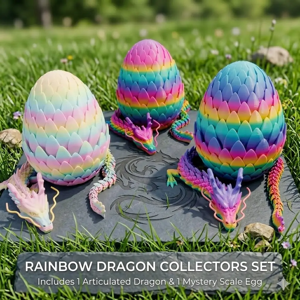 1 set 3D-printed giant scaled dragon egg + 23.62-inch large dragon decoration, rainbow style, colors randomly selected, party gift pack, party party gift, Easter Valentine’s Day gift. Intended for adults only. The colors of the rainbow are random