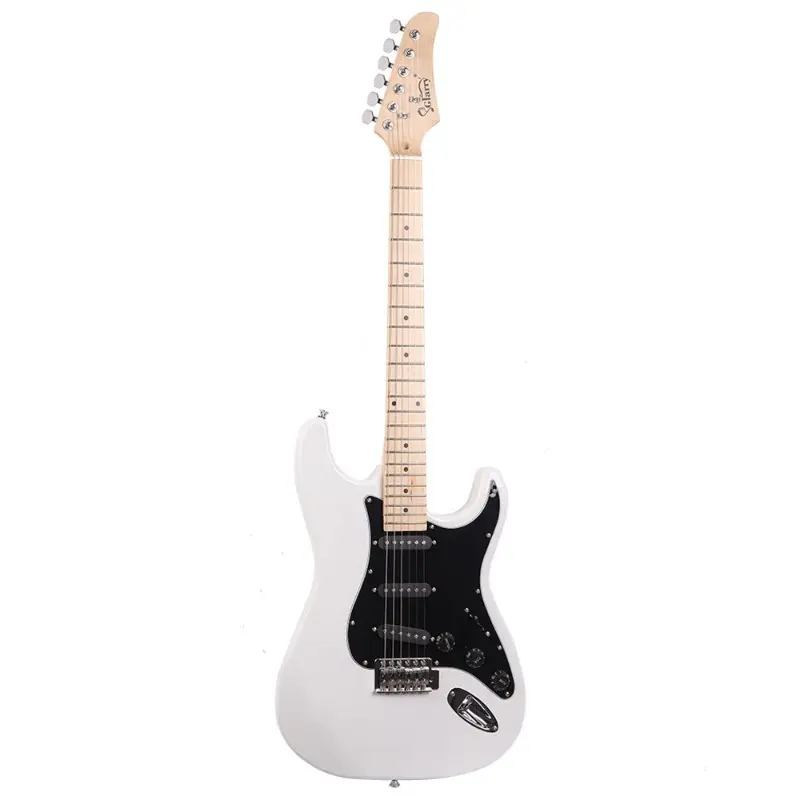 GST Stylish Low-End Right Hand Electric Guitar Kit - White Body, Black Pickguard, Recycled Wood-Basswood Build, Brazilian Rosewood-Like Fretboard, Full Accessory Set, Speaker, Stable Performance, Ideal for Beginners, Gift for Friends, Guitar Strap