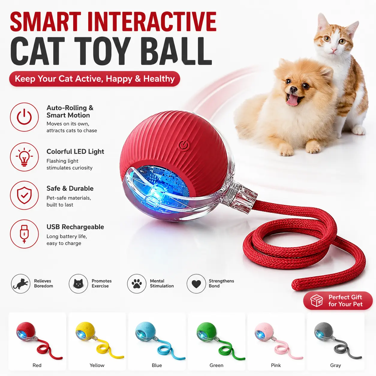 Rechargeable Silicone Rubber Automatic Rolling Cat Toy Ball - Bumpy Surface, Auto Moving, Bird Chirping Sound, USB Charger, Red Tassel Tail, Indoor Play Kitten Exercise Aid, Home & Party Bag Gift Supply (techvibes)
