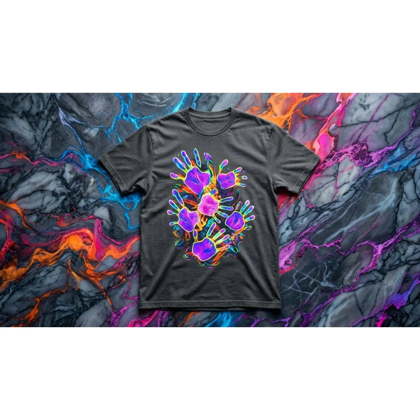 Dyles Mavis Handprint Psychedelic Neon Short-Sleeve Top - Premium Heavyweight Cotton Fabric, Oversized Menswear Statement Tee for Bold Streetwear Collectors, Original Art, Paws Design