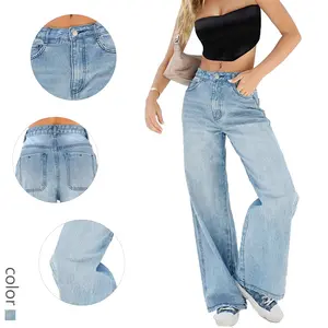 Chic Women's High - Rise Light Blue Wide - Leg Denim Trousers