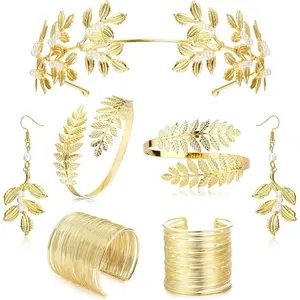 Besteel 7 Pcs Pearls Greek Goddess Costume Accessories Set for Women Gold Laurel Leaf Crown Headband Arm Cuff jewelryset Coil Bracelet Earrings Bridal Wedding Headpiece Party