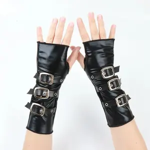 New Half Fingered Gloves for Women Gothic Black Fingerless Short Hand  Lacquer Leather Metal Buckle Wristband Dark Punk Sleeves
