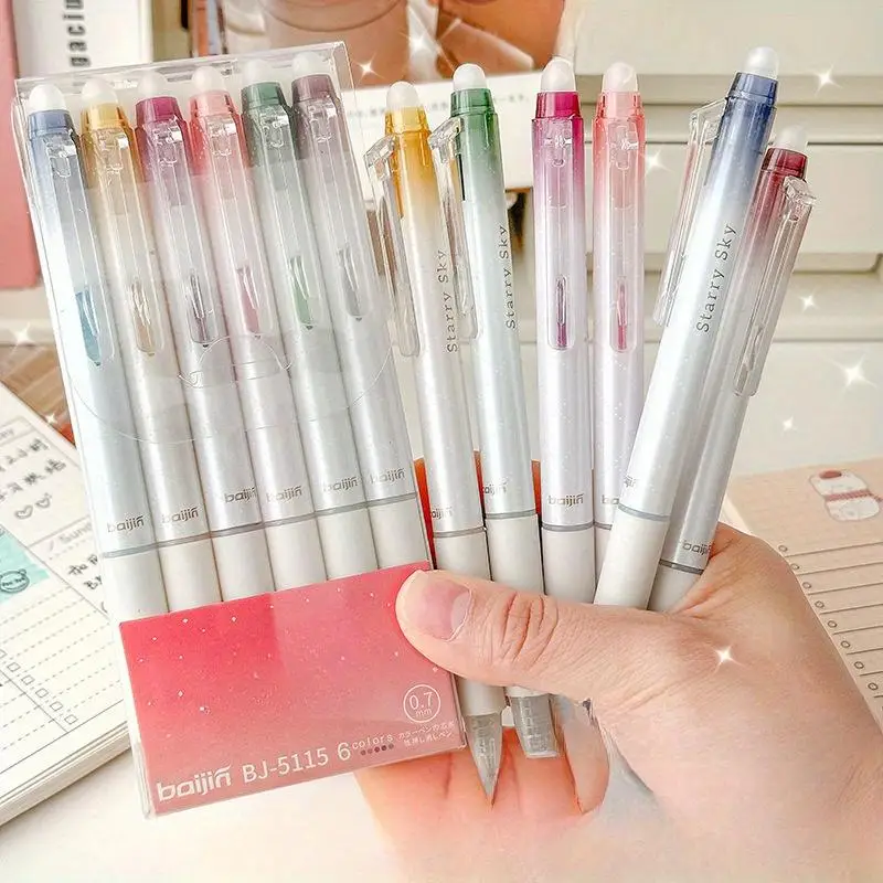 Erasable Glitter Gel Pen (6/12 Counts/set), 0.7mm Medium Point Retractable Gel Ink Pen, Aesthetic Gel Ink Pen for Journaling, School & Office Use