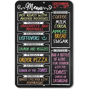 Chalkboard Style Weekly Food Menu Board for Kitchen, 12 inch by 18 inch Tin Sign Durable, Easy Hanging on Wall Dinner, Daily Chalk Menu Board for Kitchen, HDG-1018