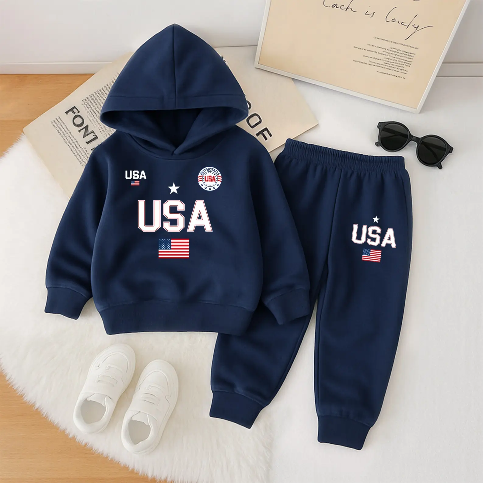 Men's 2-Piece Fleece-Lined Long Sleeve Hoodie Solid Tracksuit Coordinated Set - Sporty Chic US Print Sweatshirt, Fall-Winter Casual Joggers Outfit