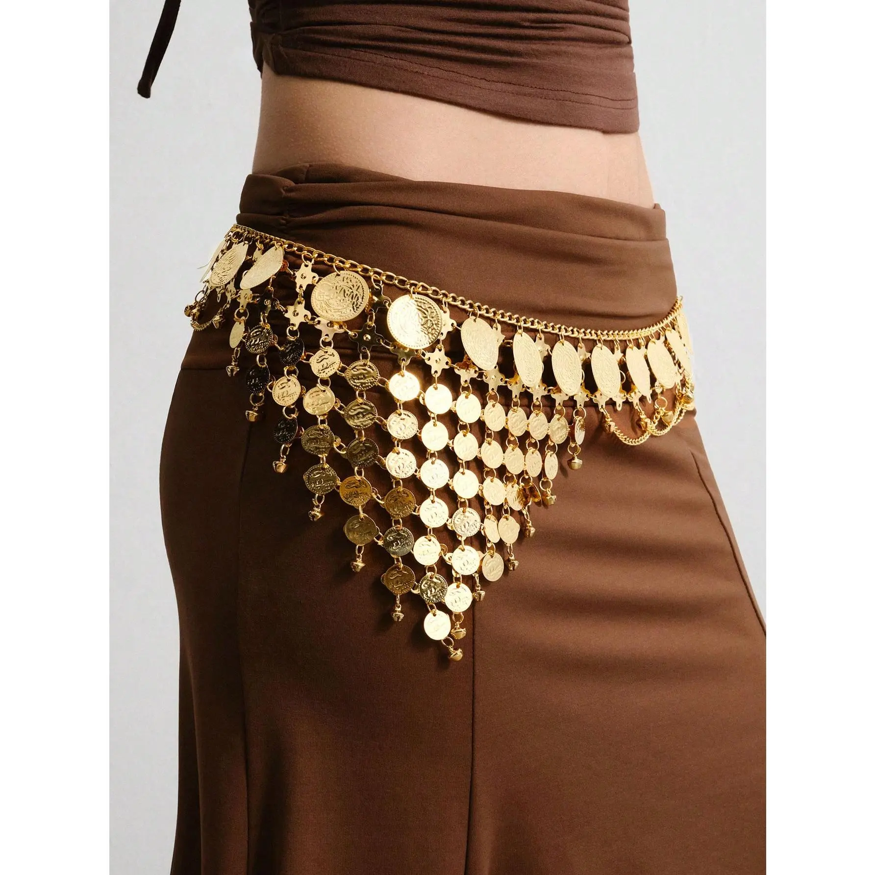 DealsForYouDays 1pc Women Golden Coin Accessories With Bell Tassel Boho Chain Coin Decor Waist Skirt Dress Accessories, Versatile For Daily Wear