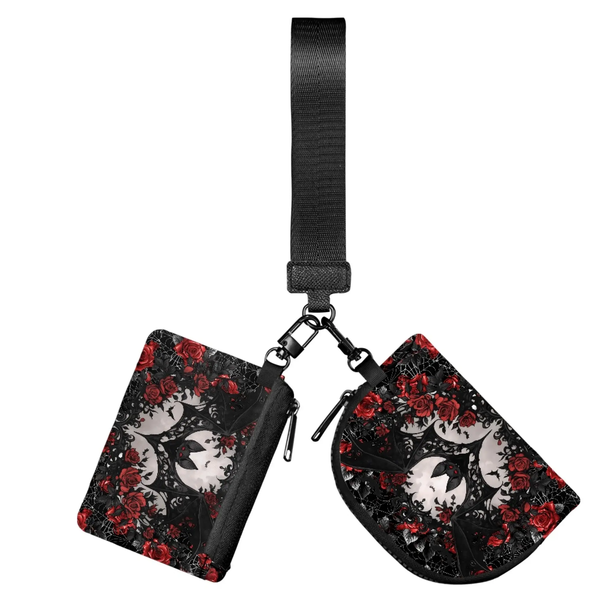 CLRUERSN Women's Multi-Function Dual-Pouch Wristlet Wallet - Casual All Over Print Bat Rose Keychain Coin Bag, Durable Portable Daily Commuting Purse, Valentine's Day Party Gift for Travel