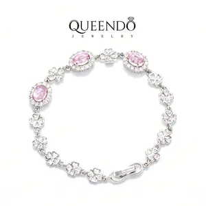 QUEENDO Women's Pink 4-Leaf Clover Bracelet, Silver-Plated 5A Zircon Charm Chain, Ideal Bridesmaid & Holiday Costume Jewelry Gift