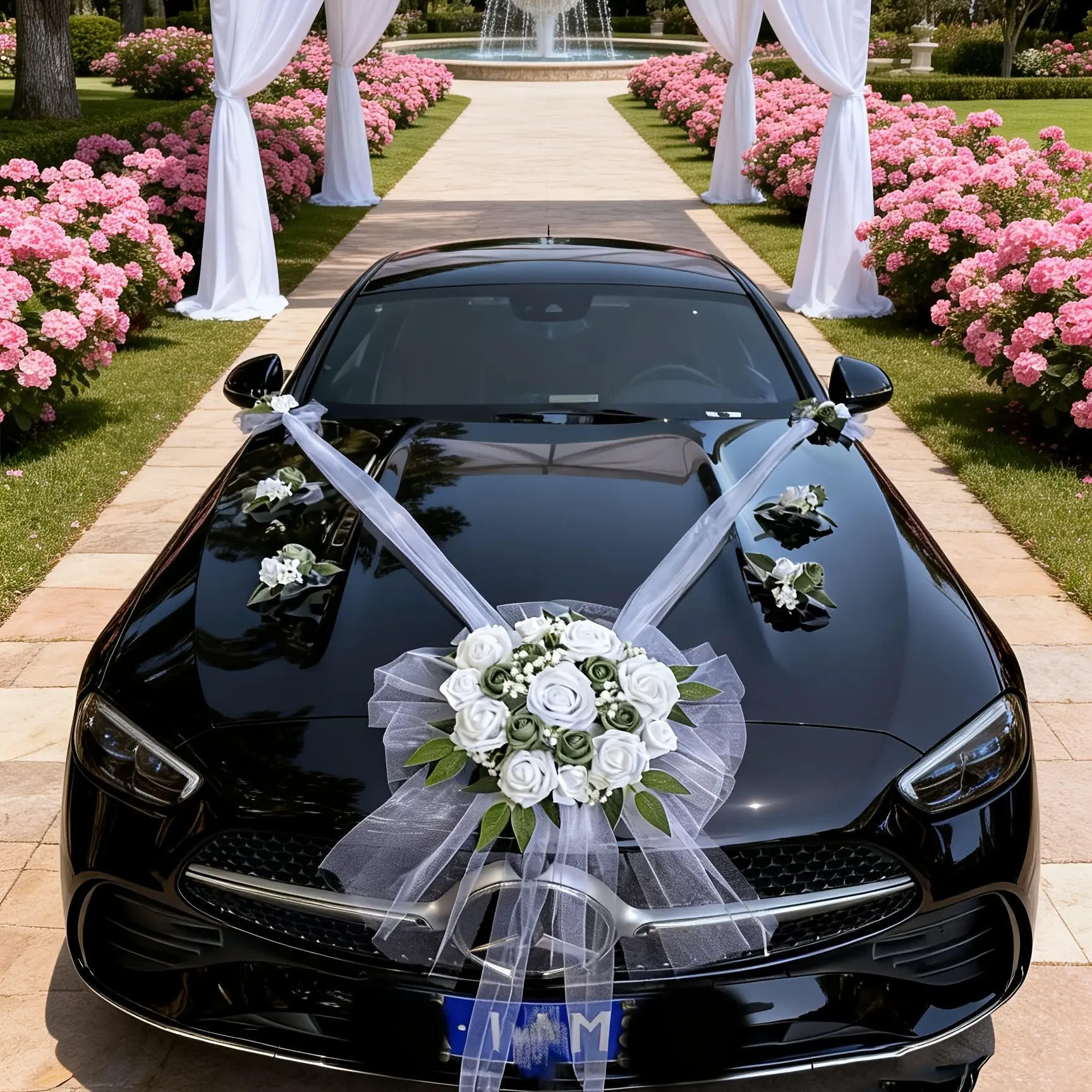 7pcs Wedding Car Decoration Set, Main Wedding Car Flower Arrangement, White Artificial Flowers for Wedding Supplies, Wedding Car Procession Pull Flower, Complete Wedding Bridal Procession Accessories Set
