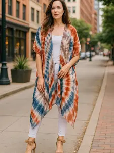 Lace Stencil Over Tie Dye Print Kimono - Bohemian Lightweight Layering Piece for Women's Casual Wear Spring Summer Beachwear Soft Breathable Fabric Tie-Dye Print with Intricate Lace Stencil Overlay Open-Front Design for Effortless Layering