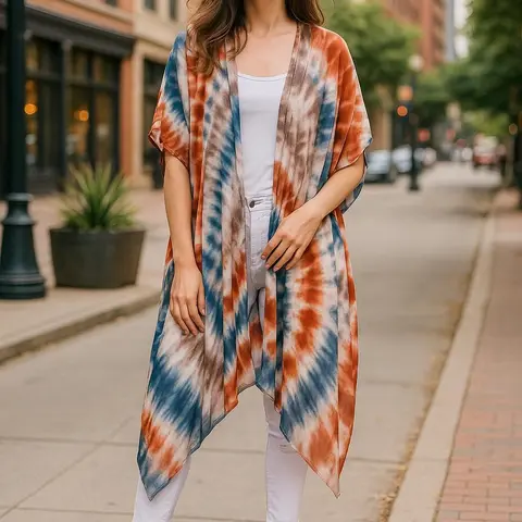 Women's Bohemian Kimono Swim Cover Up - 3/4 Sleeve, Open Front, Ethnic Boho Print, Acrylic Lace Stencil Overlay, Semi-Sheer, Loose, Knee-Length, Breathable, Artistic Dye Effects, Casual Wear Layering Piece for Spring Beach