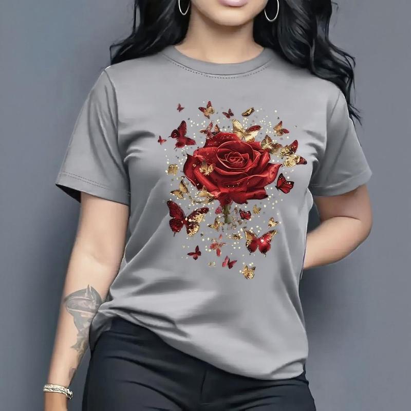 100% Cotton Women's Casual Short Sleeve Round Neck T-Shirt - Vibrant Purple Butterfly and Rose Pattern Print, Medium Stretch Machine Washable Top, Spring Summer Women's T-Shirt, Comfortable Fit Shirt