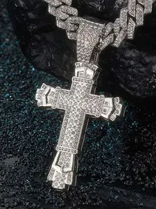1pc Luxury Bling Bling Oversized Double Layer 3D Cross Pendant, 13mm Rhombus Vintage Cuban Chain Necklace, Hip Hop Accessory For Men, Best Jewelry Gift For Boyfriend