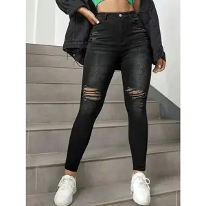 High Waisted Distressed Denim Jeans with Cut Out Knees