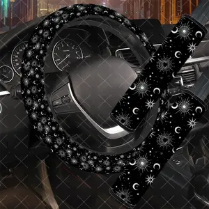 3Pcs/Set Sun Moon Star Car Interior Set, Celestial Style, Includes Steering Wheel Cover, Car Seat Belt Cover, No Inner Ring, Durable Material, For Women, Girly Car Accessories, Car Enthusiasts, Gift For Drivers, Girly Car Interior Sets.11.27QWA-603@604