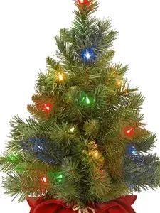 212 MAIN 24 in PVC Tabletop Christmas Tree, Majestic Spruce Dining Table Centerpiece, Compact Decor, 35 Multicolored Battery-Operated LED Lights, Burgundy Cloth Bag