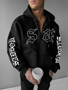 Unisex Letter Print Drop Shoulder Zip Up Hoodie, Casual Loose Long Sleeve Drawstring Pocket Hooded Sweatshirt Casual Streetwear Sweatshirt for Spring, Fashion Men's Clothes for Daily Wear