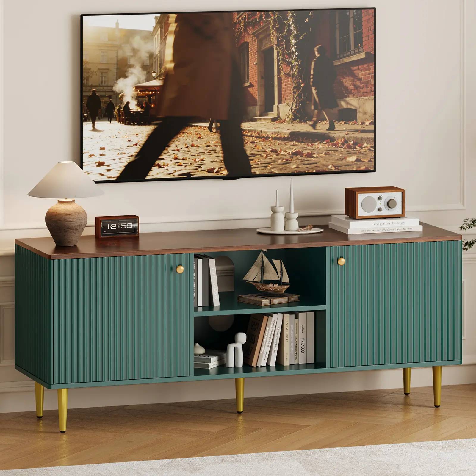 Garvee Upgraded Fluted TV Stand, Fits TVs up to 65in, Mid Century Modern Wooden Entertainment Center, Adjustable Shelf & 2 Storage Doors for Living Room Bedroom