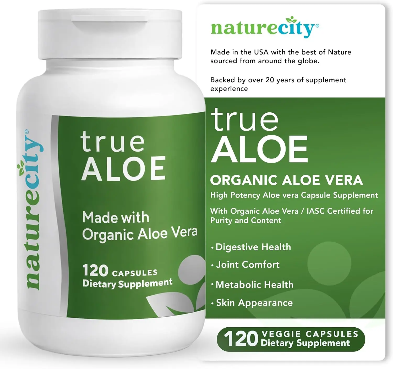 NatureCity TrueAloe USDA Organic Aloe Vera Capsules - Digestive, Joint, Skin and Metabolic Health Support - High-Potency Whole Leaf Aloe - Vegan, Non-GMO - 120 Count