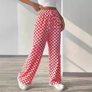 Women's All Over Checkerboard Print Drawstring Waist Straight Leg Pants, Casual Comfy High Waist Trousers for Daily Wear, Ladies Bottoms for All Seasons