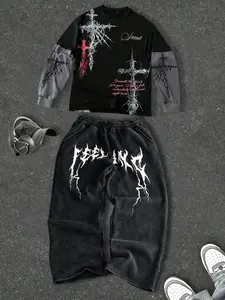 Unisex set, gothic style, Gothic patterns and cross-stitch designs on printed t-shirts and sporty pants, lightweight for spring and autumn, retro-style patchwork, Y2K style, Athletic, Perfect for streetwear, casual wear