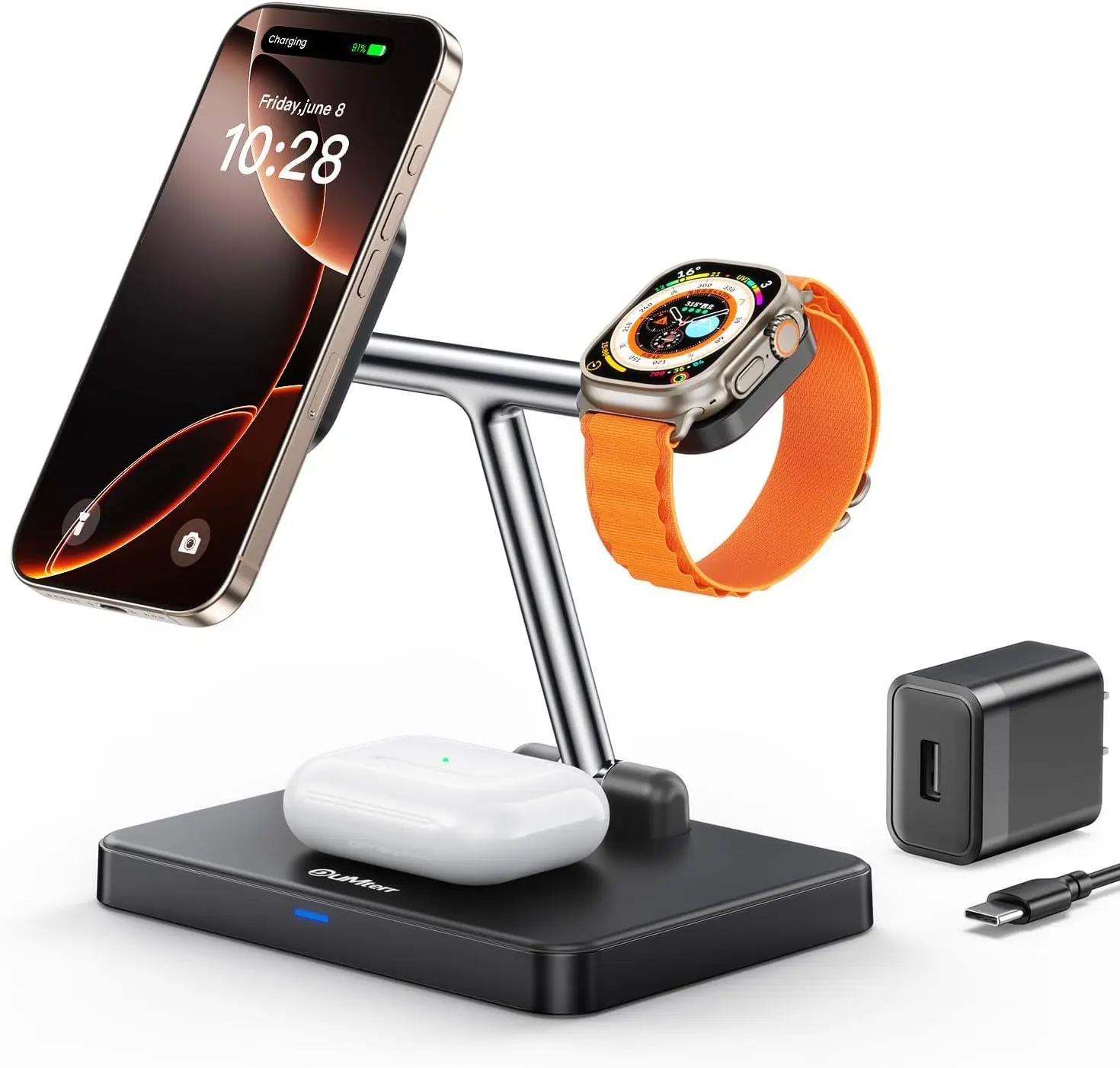 DUMTERR 3 in 1 Foldable Wireless Charging Station for Mag-Safe Charger for iPhone 17/16/15/14/13/12,for Apple Watch Series & AirPods - Wireless Charger Stand with N52 Strong Magnetic & Safety Protections