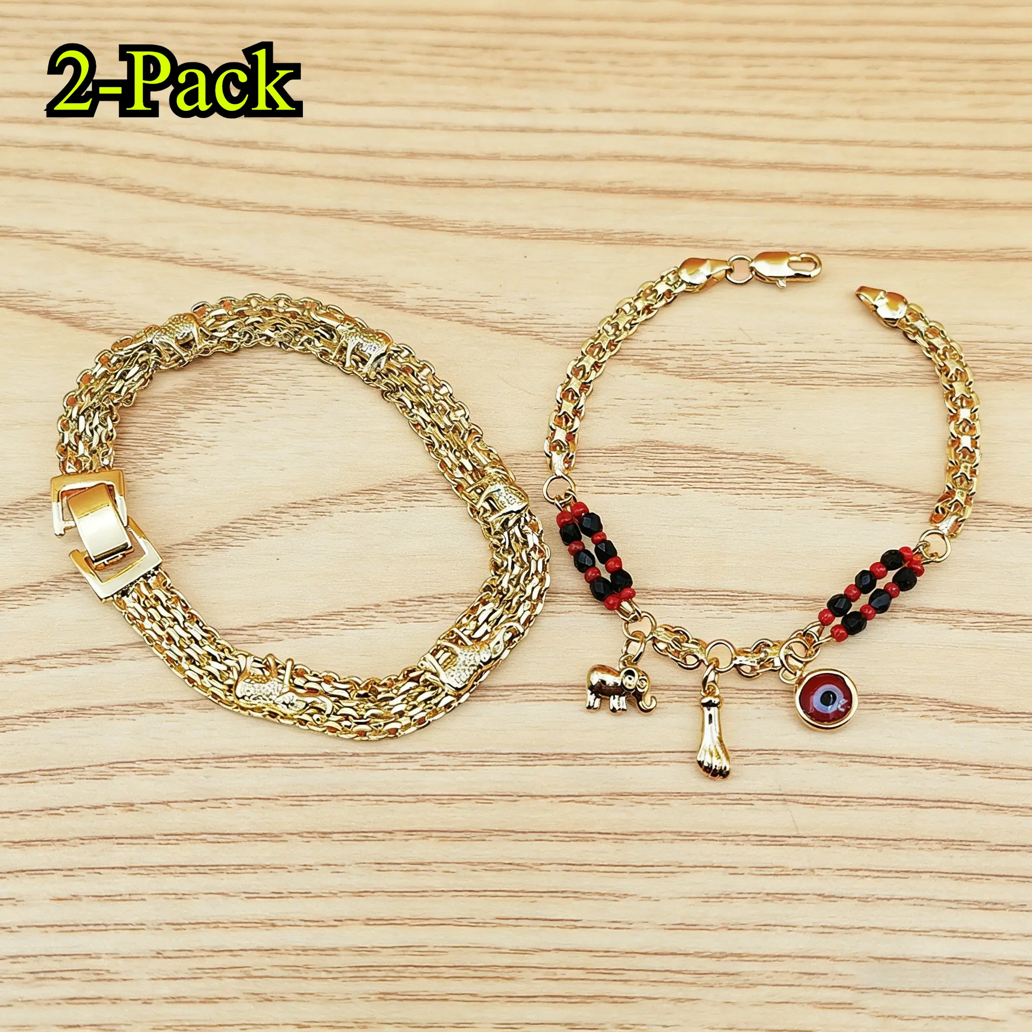 Women's Handmade Polished Brass Stackable Bracelet - 7.5 in Sports Wristband, Evil Eye & Elephant Symbolic Charm, Protection Jewelry for Bestie, Ideal Birthday Gift, Stylish Everyday Wear