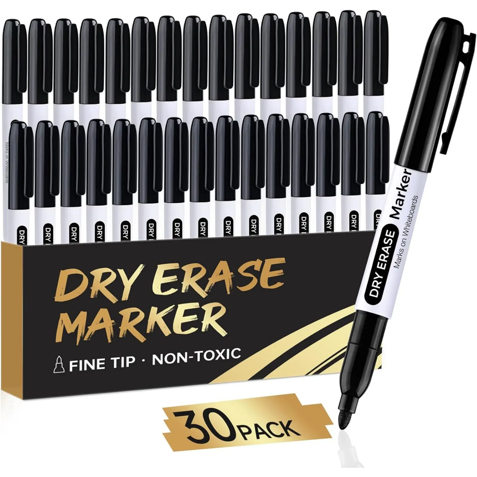 Dry Erase Markers Fine Tip, 30 Pack Black Thin Low Odor WhiteBoard Markers Bulk Set for School Classroom Office Supplies