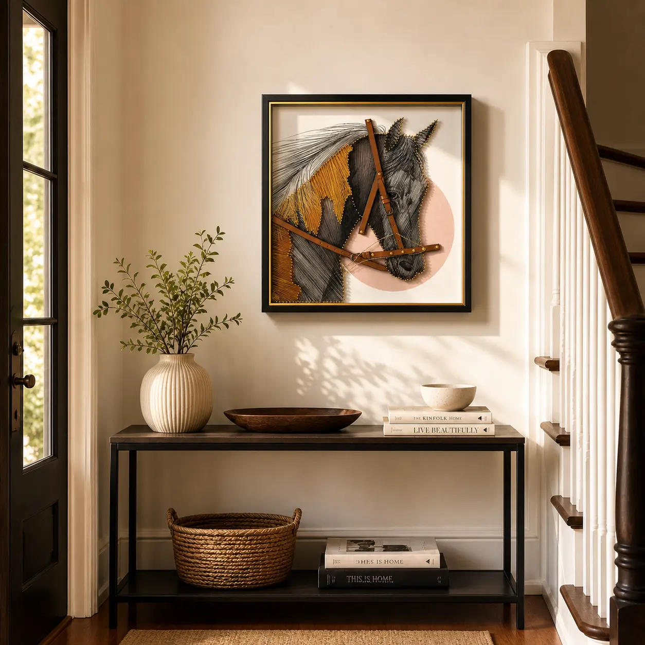 Vintage Room Decor - 3D Horse String Art Framed Wall Decor, Handmade Leather & Thread Wall Hanging for Living Room