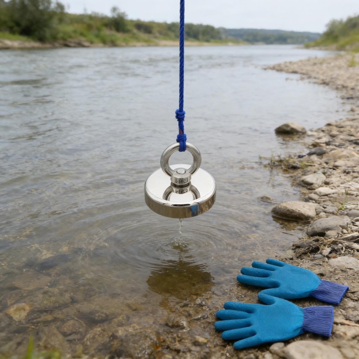 N42 Neodymium Fishing Magnet 675LB Pull Force 75mm Diameter Heavy Duty Lifting Magnet with 20M Rope Grappling Hook Complete Kit for Underwater Salvage Treasure Hunting