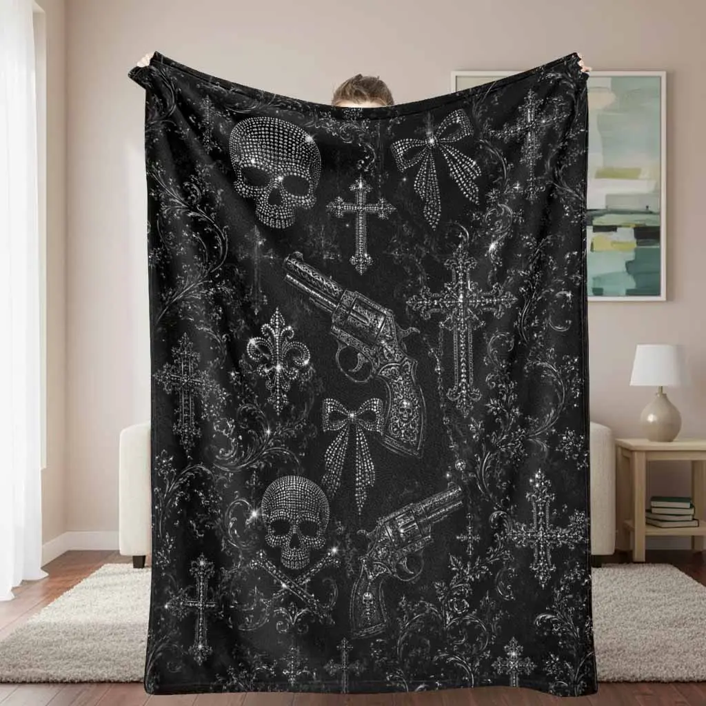 Gothic Skull Flannel Throw Blanket - Rhinestone Cross, Bow, Revolver, Floral Print, Soft, Cozy, Lightweight, Breathable, Fade-Resistant - 30×40in/76×101cm(Mini),50×60in/127×152cm(Medium),60×80in/152×203cm(Large) - Sofa, Bedroom Halloween Gothic Decor Gift