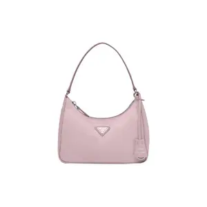 Prada Re-Edition 2005 Mini Crossbody Bag for Women, Enamel Triangle Logo, Regenerated Nylon and Saffiano Leather, Snow Pink