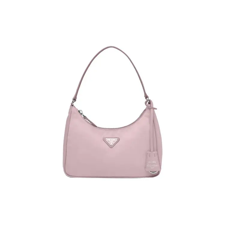 Prada Re-Edition 2005 Mini Crossbody Bag for Women, Enamel Triangle Logo, Regenerated Nylon and Saffiano Leather Trim, Snow Pink