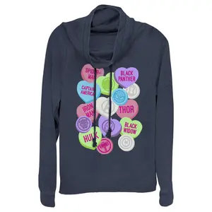 Juniors Womens Marvel Valentine's Day Candy Heart Heroes Cowl Neck Sweatshirt