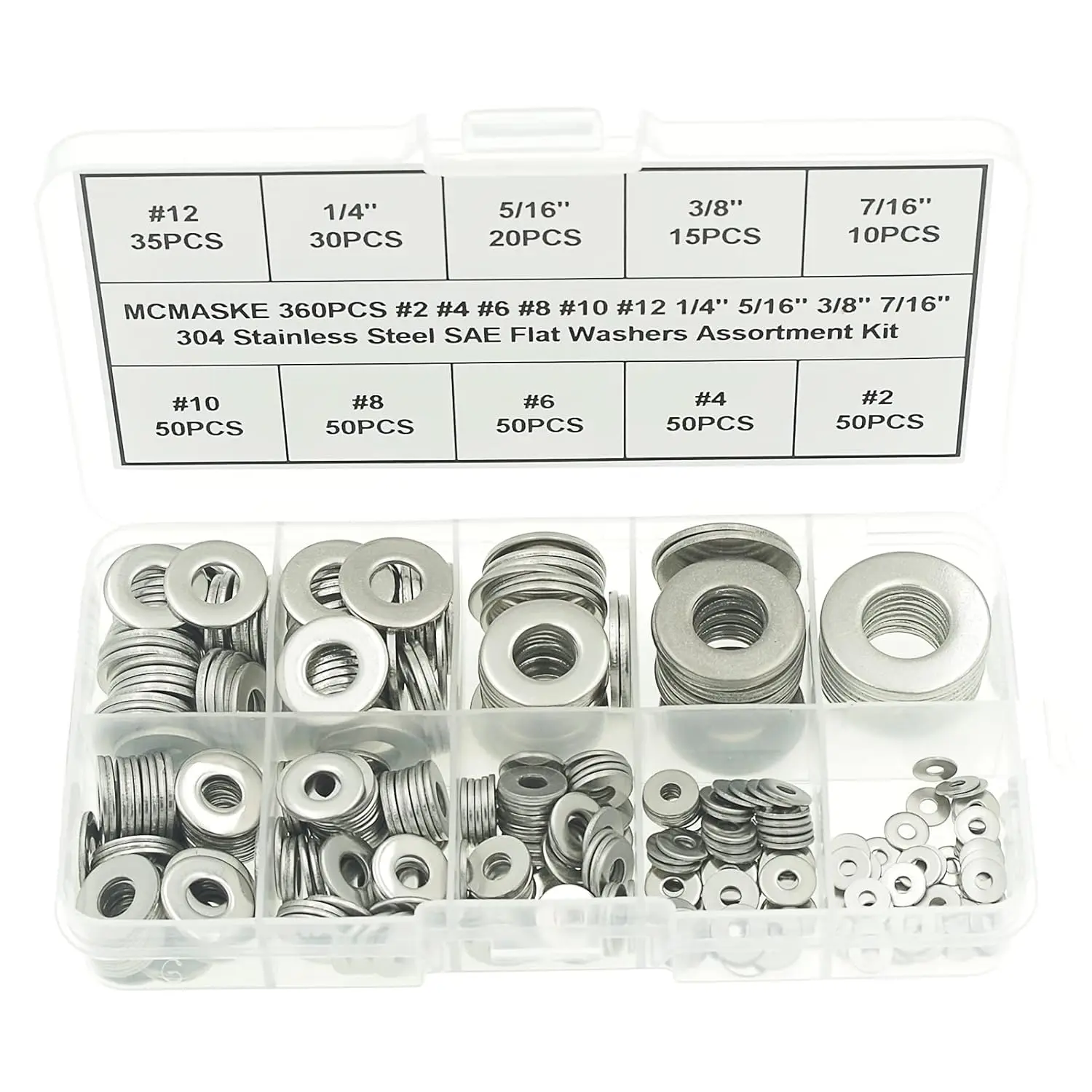 360 count #2 to 7/16" 304(18-8) Stainless Steel SAE Flat Washers Assortment Kit,for #2#4#6#8#10#12 1/4" 5/16" 3/8" 7/16" Screws/