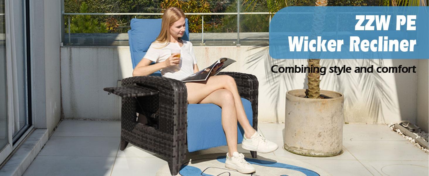 ZZWHOM Cozy PE Wicker Recliner with Side Table – 1/2 PCS Set, Outdoor Patio Chair with Reclining Back, Swivel & Non-Swivel Options for Morning Coffee on Balcony or Poolside Lounging