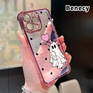 Ghostly Sweetheart Pattern Four Corner Anti-Fall Phone Case Transparent Electroplated Protective Cover for iPhone 16 Pro Max 15 Plus 14 13 12 11 E