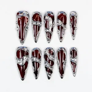 Terra Nail – Sculpted Silver Gem Molten Metal Press On Nails,Custom 3D Metallic Stained Glass,Punk Rock Long Stiletto,Goth,Y2K,Dark Glam Nail